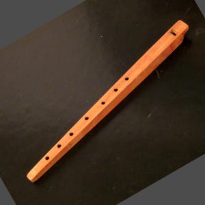 May include: A wooden flute with six finger holes and a mouthpiece. The flute is a light orange color and is about 18 inches long.