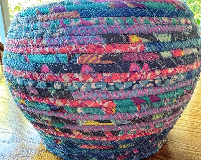 Very Large Blue, Pink, Turquoise and White Fabric Basket
