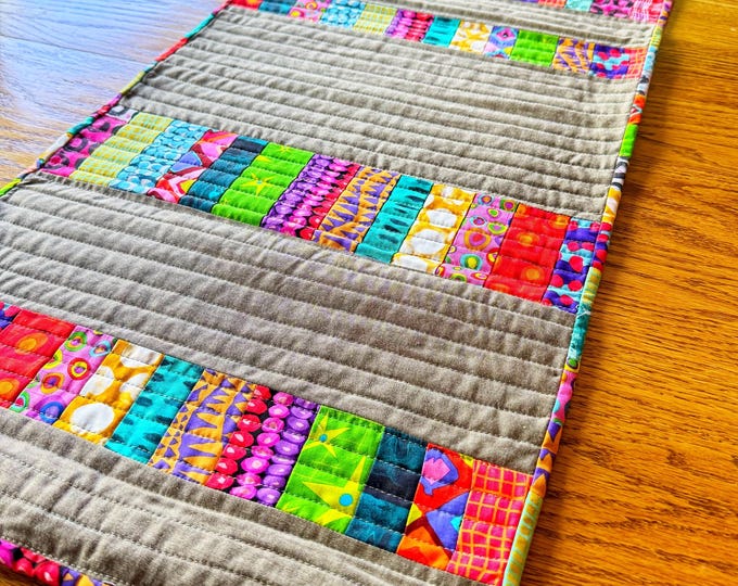 Brown Table Runner/Wall Hanging with Bright  Fabric Stripes