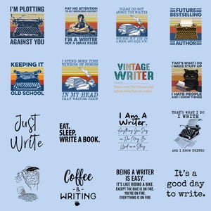 Peut inclure: Ensemble d'impressions d'art carrées avec des citations sur l'écriture et des illustrations vintage. Les motifs incluent des machines à écrire, des livres et des dictons humoristiques sur l'écriture, comme "Just Write" et "Eat. Sleep. Write a Book."