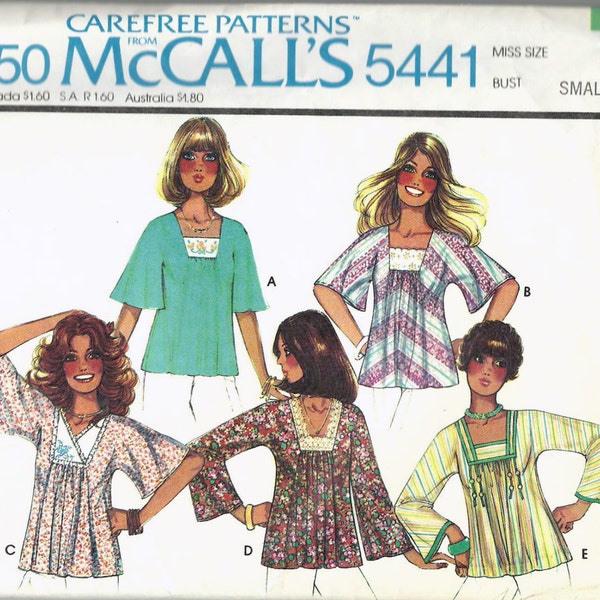 Uncut Vintage 1970s Sewing pattern, McCalls 5441, Hippie Boho Top Blouse, Misses Size Small, 10-12