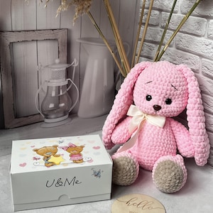 Pink Plush Bunny – Soft Crochet Rabbit, Amigurumi Toy, Baby Shower Gift, Cuddly Stuffed Animal, Toddler Birthday Gift, Nursery Decor
