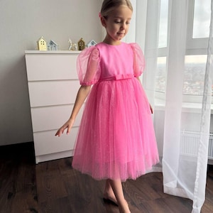 Pink Sparkle Tulle Dress for Girls – Puffy Sleeve Birthday Dress, Flower Girl Outfit, Formal Party Gown, Princess Toddler Dress