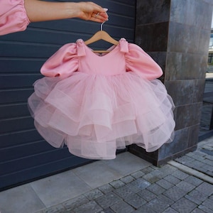 Pink Satin Tulle Birthday Dress: Puffy Sleeves Princess Outfit