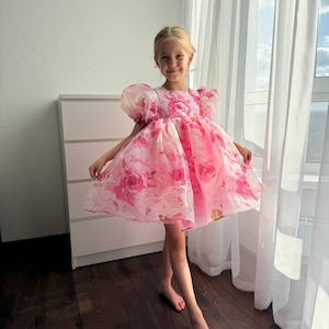 Handmade Pink Satin Birthday Dress: Puffy Sleeve Party Dress