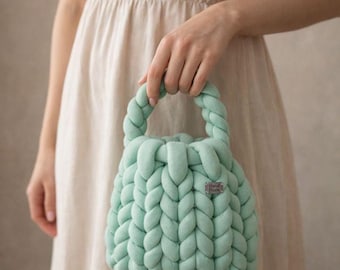 Chunky Knit Cotton Handbag Tote Bag: Hand-Knitted Shoulder Bag