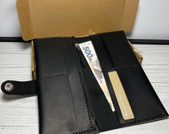 Handmade Black Crazy Horse Leather Wallet: Minimalist Bifold with Zipper