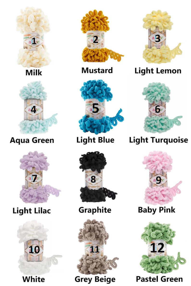 May include: A collection of twelve skeins of Alize brand loop yarn in various colors. Colors include milk, mustard, light lemon, aqua green, light blue, light turquoise, light lilac, graphite, baby pink, white, grey beige, and pastel green.