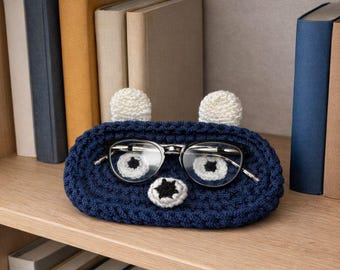 Crochet Bear Glasses Holder: Navy Blue Polyester Cord Eyeglass Case