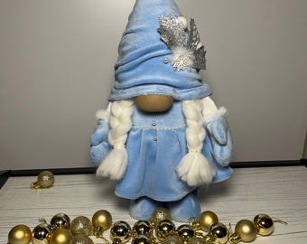 Handmade Winter Gnome “Snow Fairy” – Scandinavian Tomte, Blue Christmas Decor, Nordic Elf, Winter Home Decoration