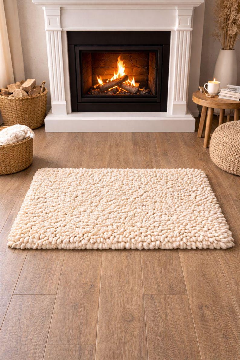 May include: A rectangular, cream-colored rug with a textured, nubby surface. The rug is placed on a hardwood floor in front of a fireplace with a burning fire. A white mantel and decorative items are in the background.