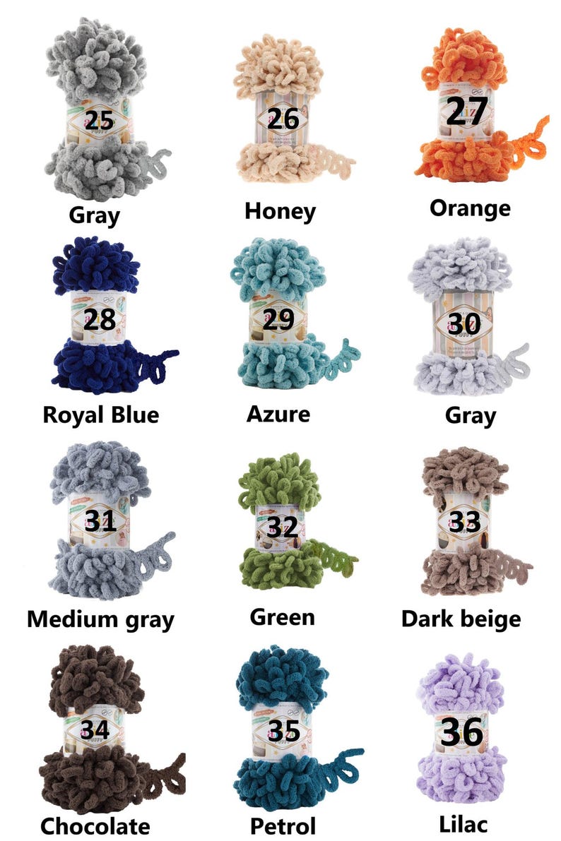 May include: A collection of colorful yarn skeins in various shades, including gray, honey, orange, royal blue, azure, medium gray, green, dark beige, chocolate, petrol, and lilac. Each skein is labeled with a number from 25 to 36.