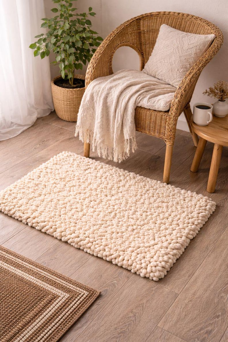 May include: A cream-colored, textured rug with a dense, looped pile. The rug is rectangular and sits on a wooden floor. A woven wicker chair with a cream-colored throw and pillow is in the background, along with a small side table.