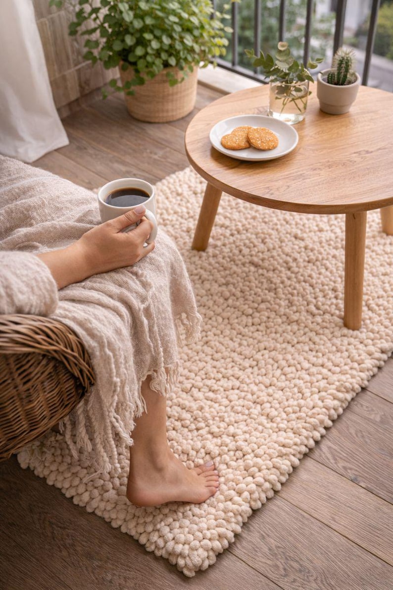 May include: A cozy outdoor scene featuring a small wooden table with a plate of cookies, a white mug of coffee, and a cream-colored rug. A wicker chair and potted plants add to the relaxing atmosphere. The rug is made of a soft, textured material.