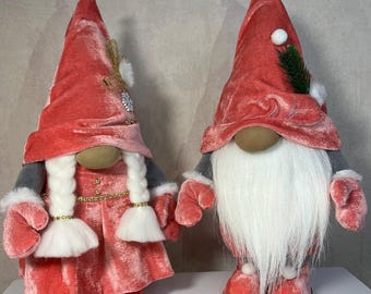 Handmade Pink Velour Christmas Gnomes – Nordic Winter Decor Couple