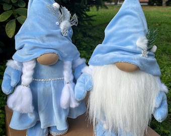Set of 2 Handmade Blue Christmas Gnomes – Velour Scandinavian Tomte Couple, Nordic Winter Elf Decor, Holiday Gift Set