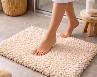 Handgefertigte saugfähige Badematte | Rutschfester Badezimmer-Bodenteppich | Weicher Chenille Badezimmerteppich | Neutrale gemütliche Wohnkultur