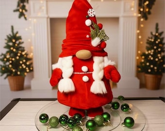 Handmade Christmas Gnome Girl | Red Velour Scandinavian Gnome | Nordic Christmas Decor | Holiday Gift | Cute Plush Gnome