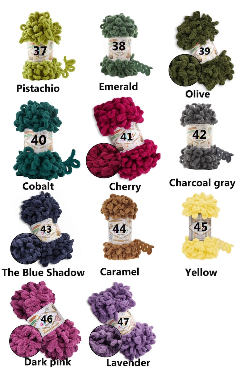 May include: A collection of colorful yarn skeins in various shades, including pistachio, emerald, olive, cobalt, cherry, charcoal gray, caramel, yellow, dark pink, and lavender. Each skein is labeled with a number and color name.