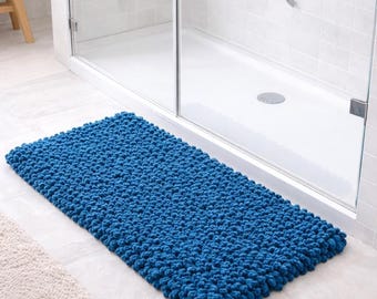 Handmade Chenille Bath Mat | Petrol Blue, Non-Slip Bathroom Rug, Badvorleger