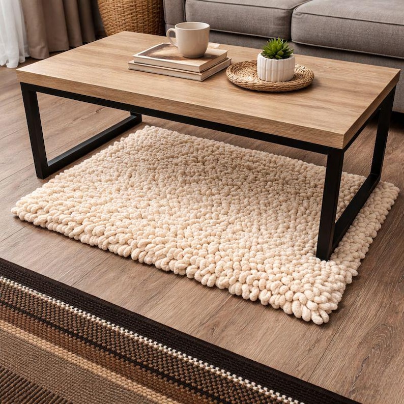 May include: A modern coffee table with a light wood top and black metal legs. A cream-colored, textured rug sits beneath the table. The table is accessorized with books, a mug, and a small potted plant on a woven coaster.