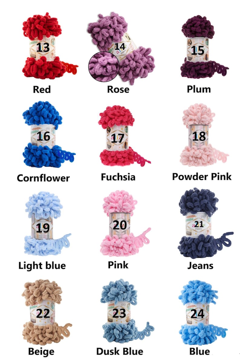 May include: A collection of colorful yarn skeins in various shades, including red, rose, plum, cornflower, fuchsia, powder pink, light blue, pink, jeans, beige, dusk blue, and blue. Each skein is labeled with a number and color name.