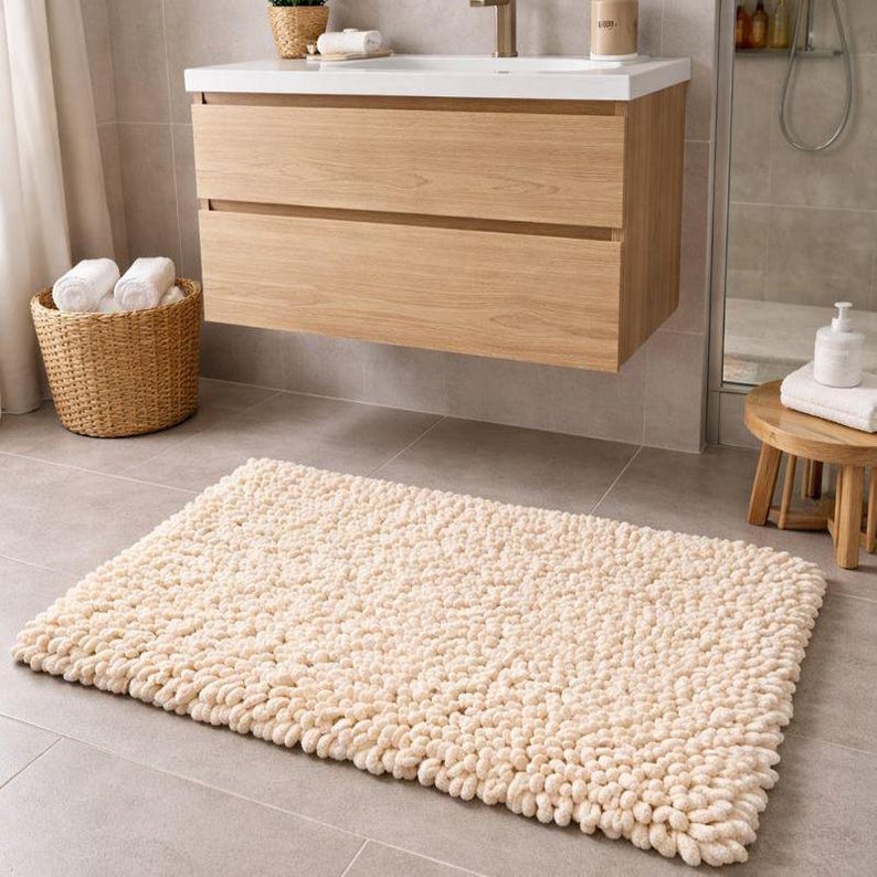 May include: Cream-colored, rectangular bath mat with a textured, looped design. The mat is placed on a gray tiled floor in a bathroom setting. A wooden vanity with a white countertop and a woven basket are also visible.