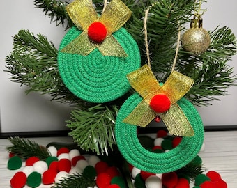 Handmade Green Christmas Ornaments Set: Rustic Rope Wreath Decor