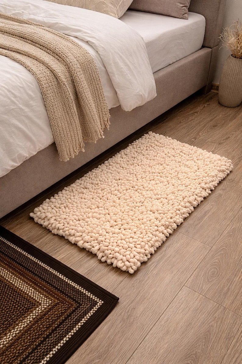May include: A cream-colored, rectangular shag rug with a dense, textured surface. The rug is placed on a wooden floor near a bed with a beige blanket. A smaller brown and beige patterned rug is also visible.