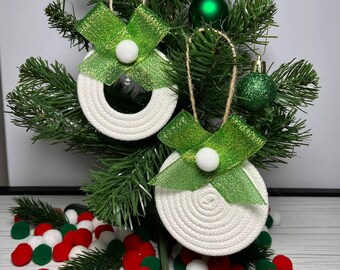 Handmade Rope Christmas Ornaments: White, Green Ribbon & PomPom - Set of 2
