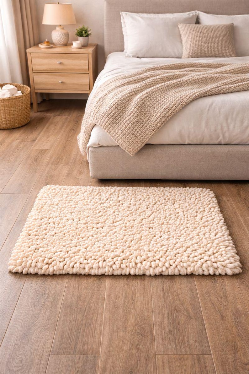 May include: A rectangular, cream-colored, textured rug sits on a hardwood floor. The rug has a thick, looped pile, and is placed in front of a bed with a beige blanket. A wooden nightstand and a wicker basket are also visible.