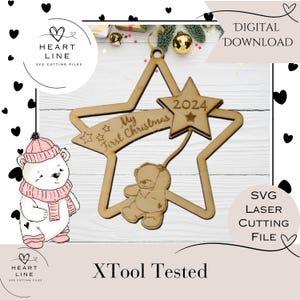 My First Christmas Flying Bear Hanging Ornament ~ SVG Laser Cut File ~ Digital Download ~ My First Christmas SVG File - Laser Cut Design SVG