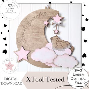 Süße Träume SVG Laser Cut Datei | Halbmond & Bär Kinderzimmer Wandschild | Babyparty Geschenkidee | Digitaler Download für Laserschneiden