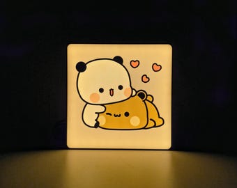Bubu Dudu LED Night Light – Cute Kawaii Panda Lamp – Custom Name Base – Anime Lightbox – Bedroom Decor – Bubu and Dudu Lamp - Valentine Gift