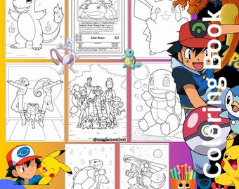 Páginas para colorir de Pokémon, 105 folhas, Livro de colorir, Arte para imprimir, Páginas para colorir para crianças, Livro de colorir do Pikachu, Moderno digital, Presente, Arte