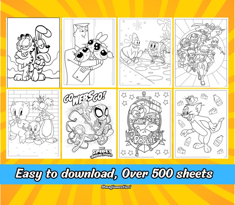 May include: Eight black and white coloring pages featuring cartoon characters like Garfield, Tom and Jerry, and the Powerpuff Girls. The image includes the text "Easy to download, Over 500 sheets."