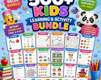 500+ Kids Educational Bundle, Printable Worksheets, Coloring Pages, Homeschool LEarning Games, Back To School, Digital Prints