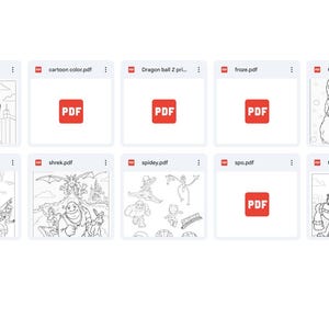 May include: A digital display shows a collection of PDF files, each representing coloring sheets. The thumbnails feature various cartoon characters, including Garfield, Spider-Man, and others. The files are organized in a grid format, with the title "500+ Coloring Sheets" at the top.
