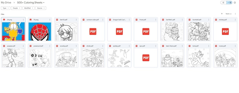 May include: A digital display shows a collection of PDF files, each representing coloring sheets. The thumbnails feature various cartoon characters, including Garfield, Spider-Man, and others. The files are organized in a grid format, with the title "500+ Coloring Sheets" at the top.