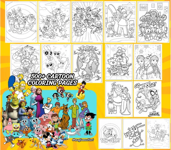 500 Cartoon Coloring Pages, Kid Coloring Book, Printable Coloring Pages for Kids, Trendy Digital Sheets, Animated Cartoon Coloring, Gift