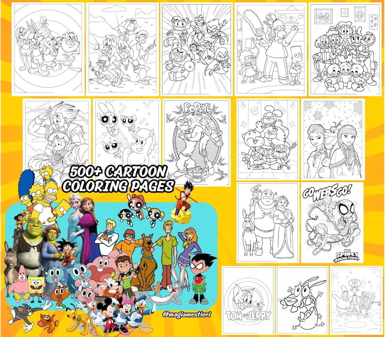 May include: A collection of cartoon coloring pages featuring various characters from popular animated shows and movies. The pages are black and white line drawings, ready for coloring. The image includes characters from The Simpsons, Frozen, and Tom & Jerry.