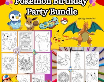Pacote de Aniversário Pokémon, Páginas para Colorir + Adesivos PNG, Atividade de Aniversário para Imprimir, Folhas para Festa Infantil, Aniversário do Pikachu, Download Digital