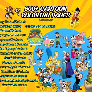 May include: A vibrant graphic featuring cartoon characters from various shows, including Looney Tunes, Shrek, and SpongeBob. The image advertises "500+ Cartoon Coloring Pages" with a list of characters and sheet counts. The background is yellow with a blue circle.