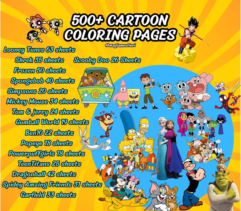 May include: A vibrant graphic featuring cartoon characters from various shows, including Looney Tunes, Shrek, and SpongeBob. The image advertises "500+ Cartoon Coloring Pages" with a list of characters and sheet counts. The background is yellow with a blue circle.