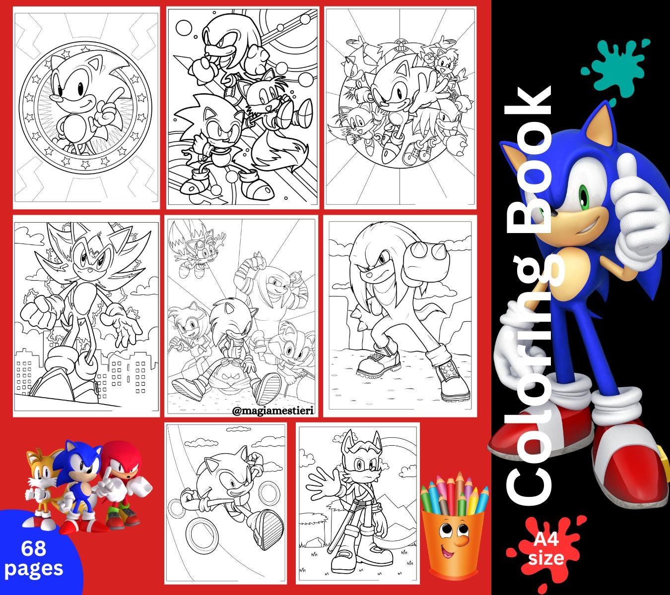 Sonic Coloring Pages, 68 sheets, Coloring Book, Printable Art, Coloring pages for kids, Sonic Art, Printable Activity, Digital Trendy Pages