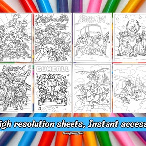 May include: Eight coloring sheets featuring cartoon characters from popular animated shows, including Scooby-Doo, Gumball, and Dragon Ball Z. The sheets are black and white line drawings, ready for coloring. Text at the bottom reads "High resolution sheets, Instant access".