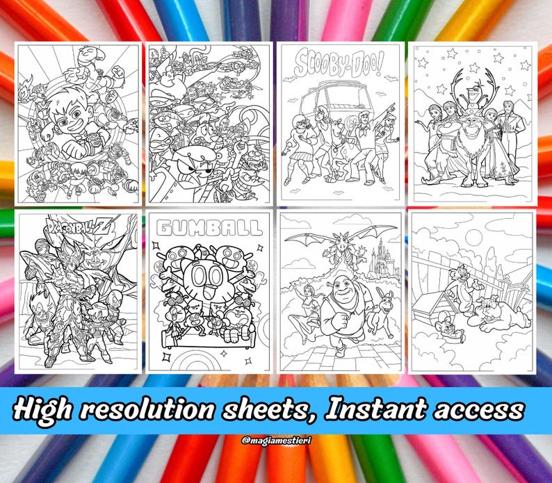 May include: Eight coloring sheets featuring cartoon characters from popular animated shows, including Scooby-Doo, Gumball, and Dragon Ball Z. The sheets are black and white line drawings, ready for coloring. Text at the bottom reads "High resolution sheets, Instant access".