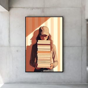 Sunny Yellow Bookish Wall Art, Happy Reader Girl Poster, Vibrant Orange Stack of Books Print, Warm Aesthetic Library Decor Digital Download