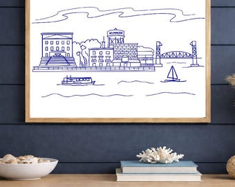 Póster artístico de la línea ribereña del centro de Wilmington, Carolina del Norte / Póster horizontal mate