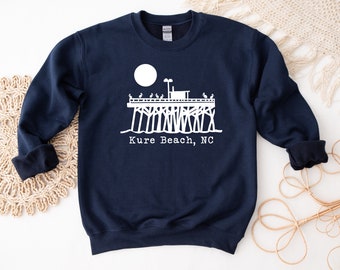 Kure Beach Pier Navy Blue Heavy Blend Crewneck North Carolina Sweatshirt  US Shipping